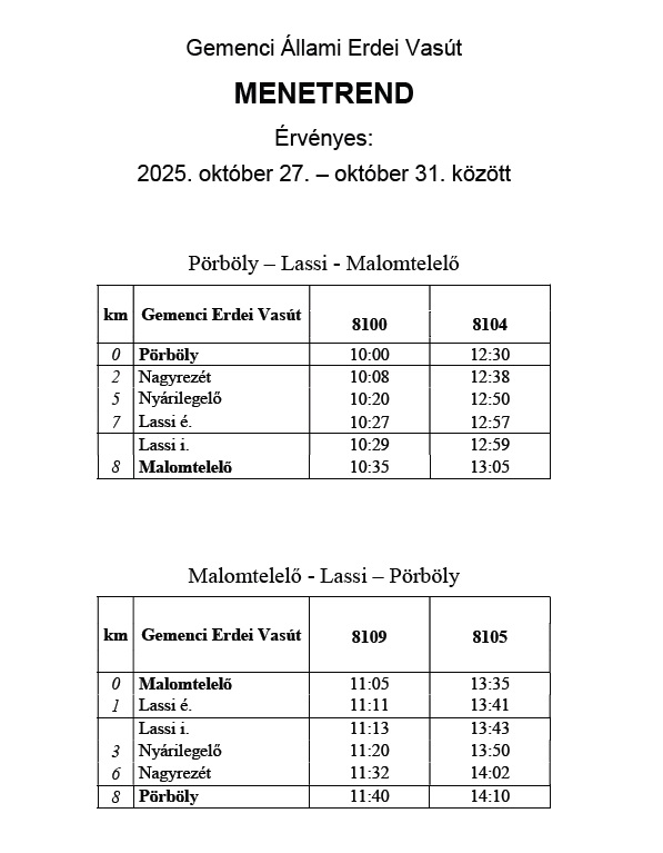 Menetrend 2025 őszi szünet